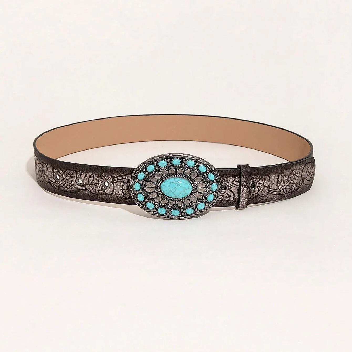 Simple and Versatile Bohemian Turquoise Buckle PU Material Retro Brown Embossed Waistband Classic Women's Denim Pants Belt