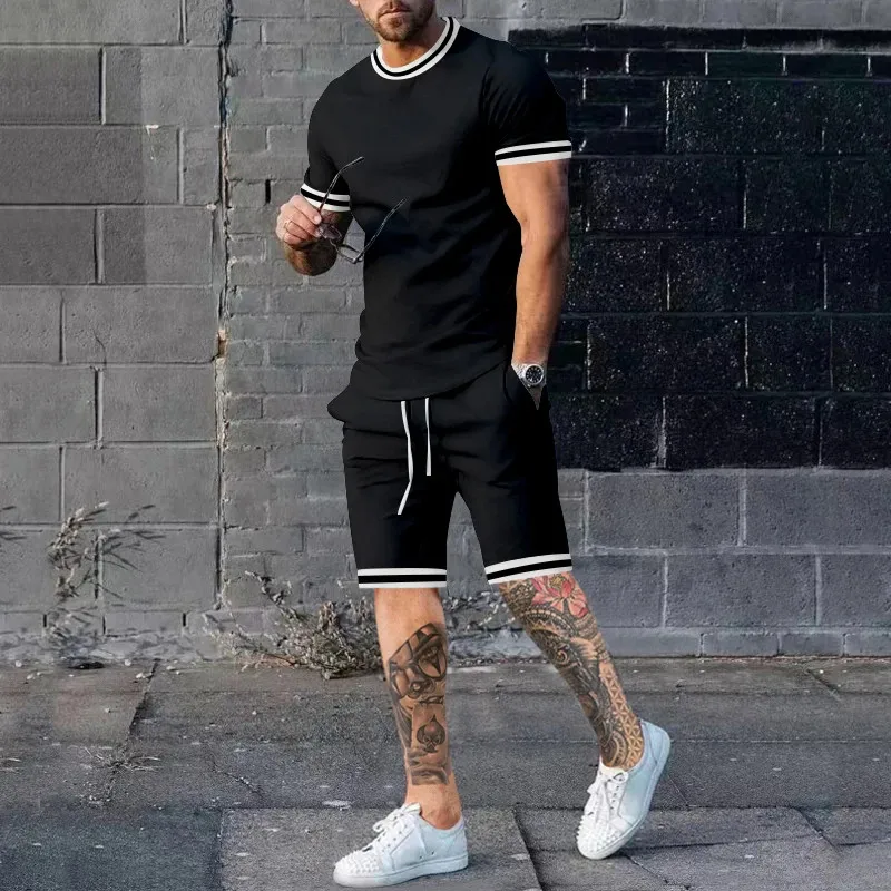 2024 Summer New Popular Solid Color Short sleeved Shorts Set for Men\'s Sports and Leisure Set