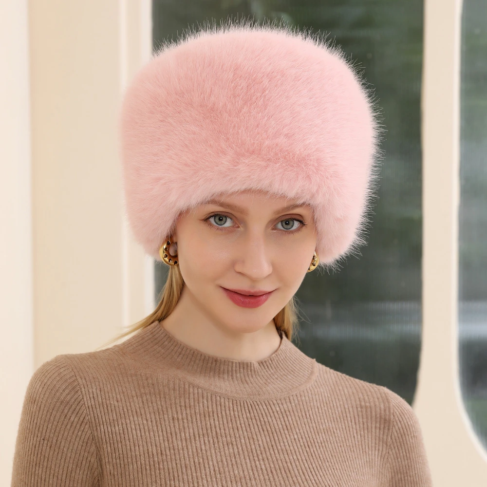 Fashion Women Bucket Hat Flat Top Fox Fur Plush Winter Hat Warm Thickened Ear Protection Windproof Outdoor Hats for Women