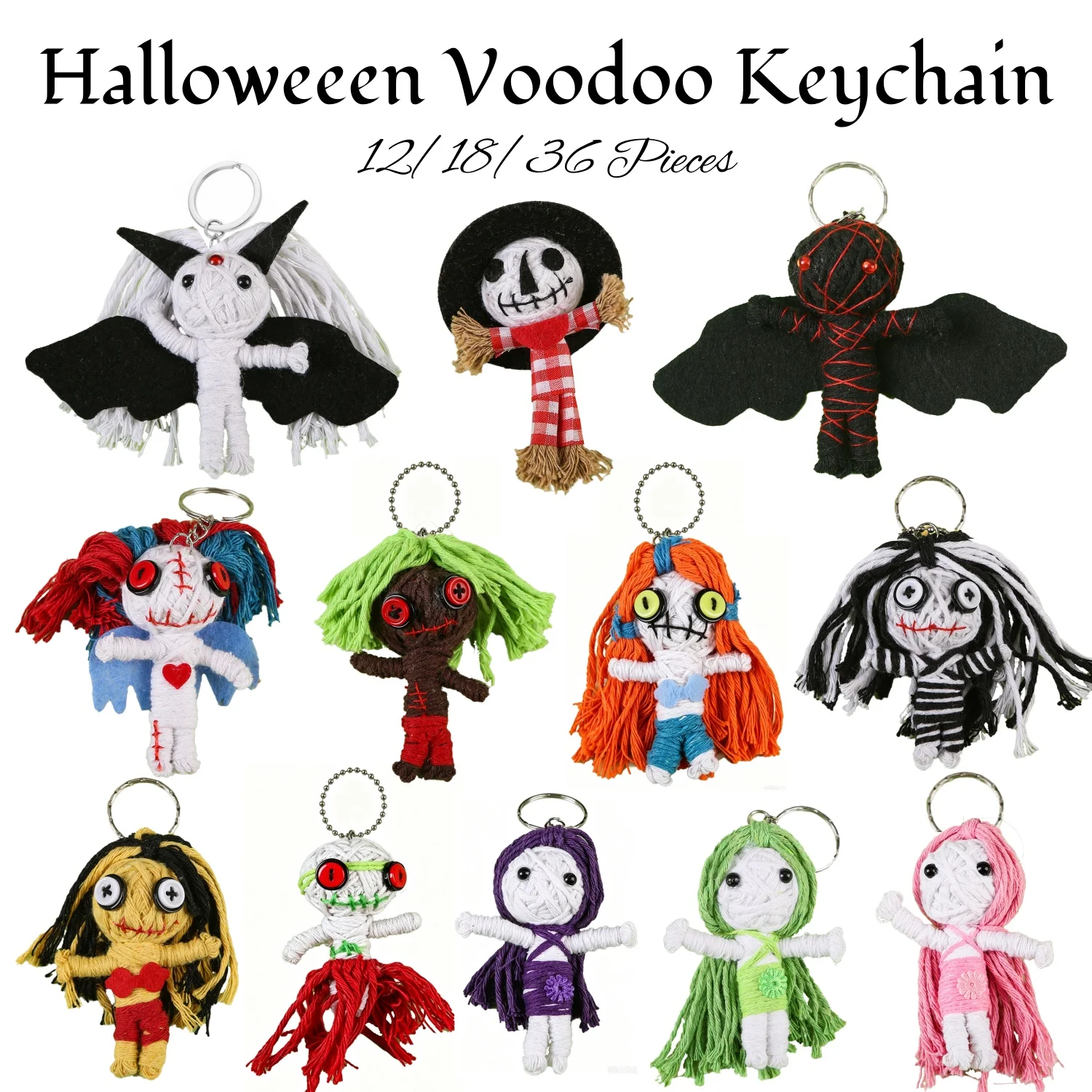 12-36Pcs Halloween Plush Keychains Party Favors Plush Backpack Keychain Bulk Birthday Goodie Bags Classroom Prize Trick-to-Treat