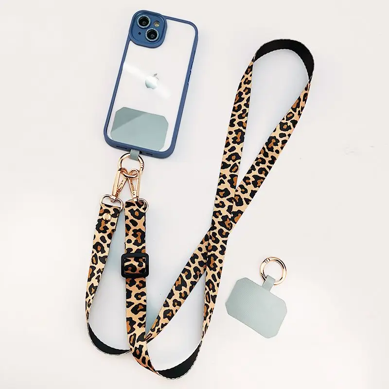 Crossbody Leopard Print Back Hanging Neck Chain Adiustable Shoulder Wide Pendant Anti-lost Slinc with Clip Mobile Phone Lanyard