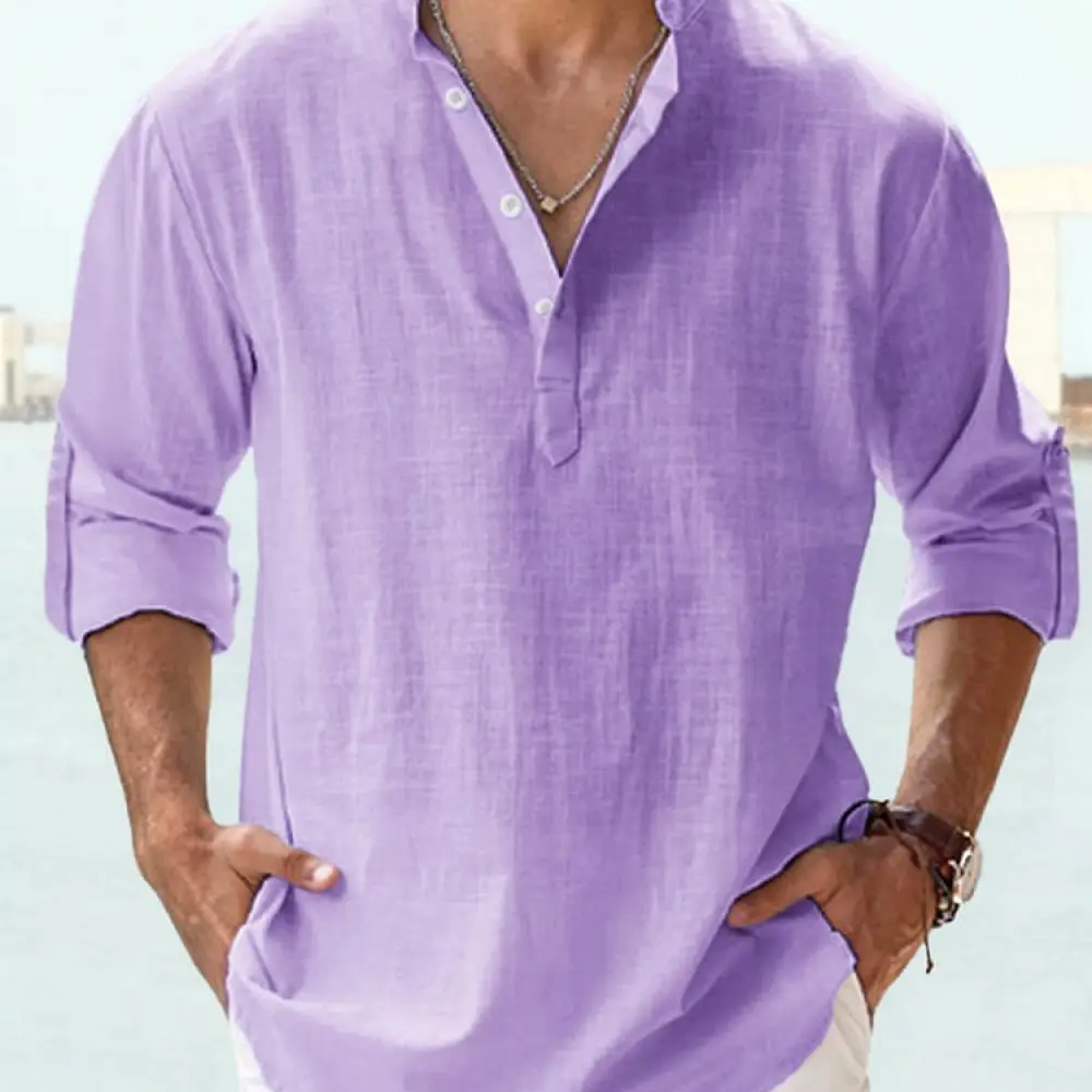 Mens Solid Color Long Sleeve Shirt Stand Collar Cotton Casual Tops Breathable Loose Fitting Daily Office Wear Fashion Apparel