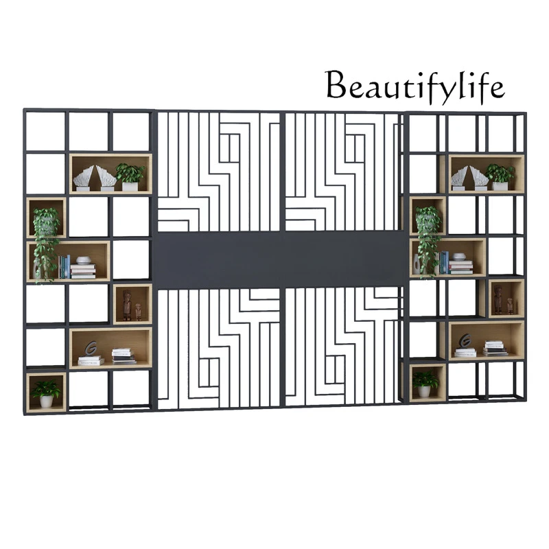 Modern simple wrought iron shelf, screen floor-to-ceiling bookshelf, multi-functional solid wood lattice partition wall