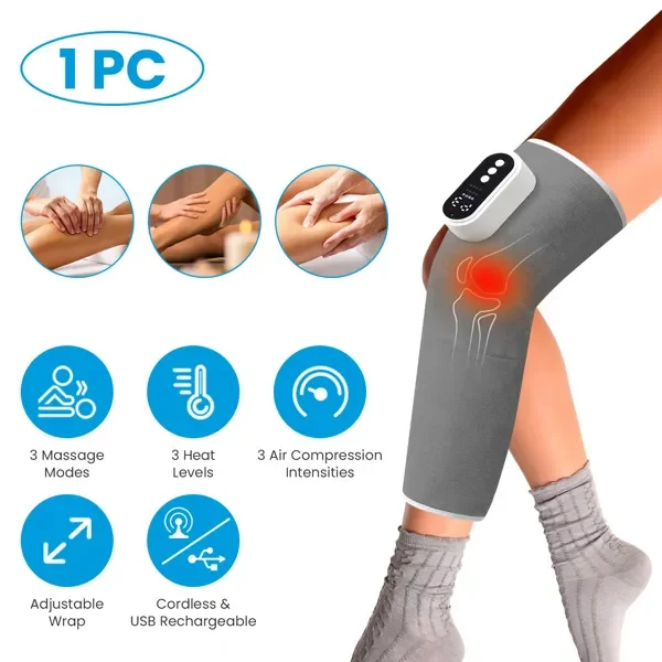 

Air Compression Leg Massager with Heat, 3 Modes, Adjustable Wrap for Thigh Knee Calf Pain Relief