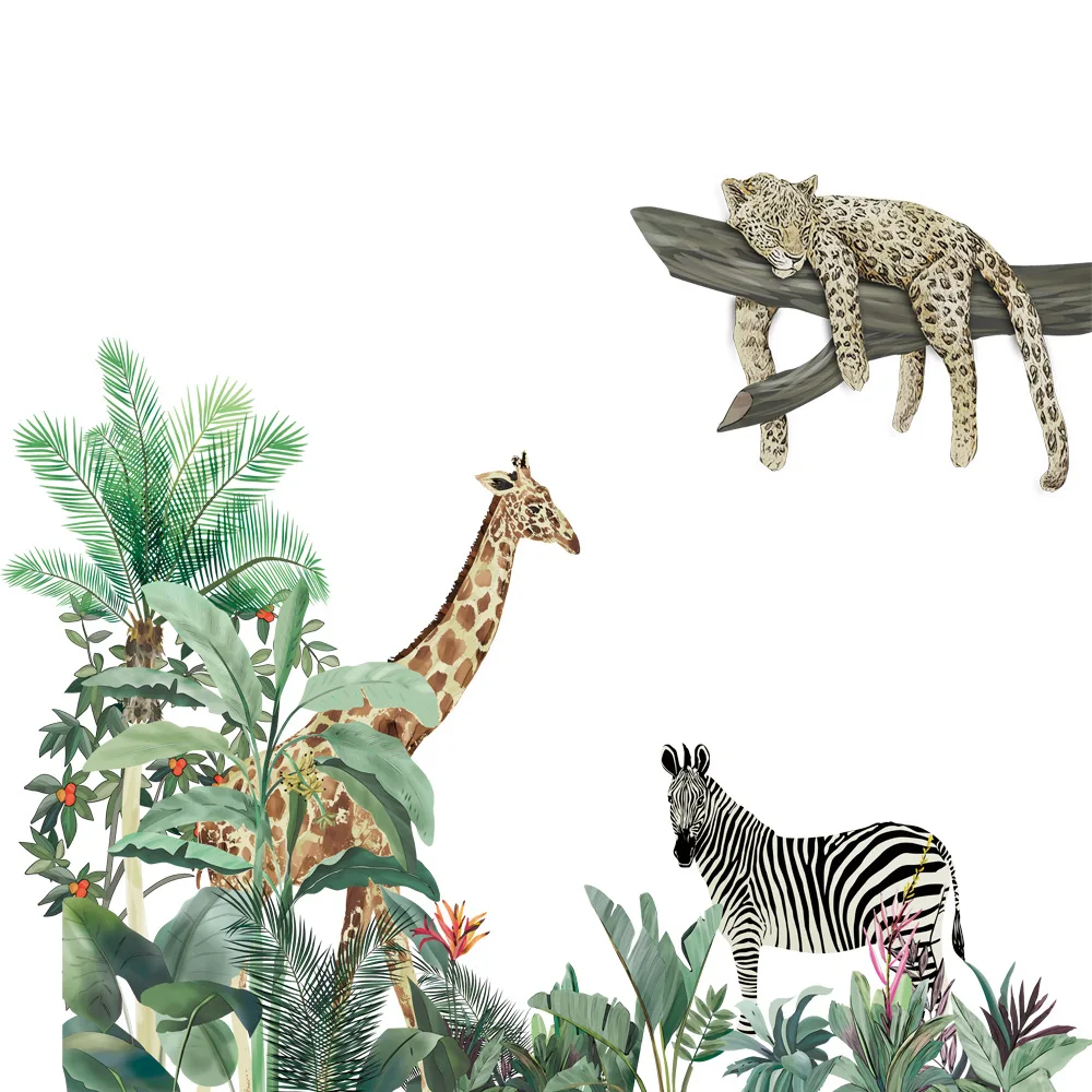 Jungle Animals Wall Stickers for Children Kids Rooms Boys Large Safari Room Bedroom Decoration Elephant Giraffe Zebra Wallpaper