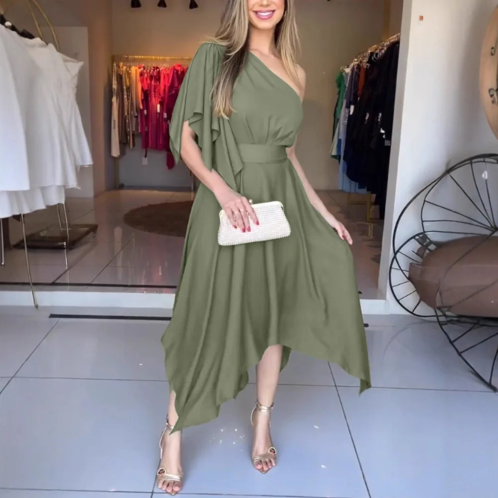 Um ombro assimétrico manga laço vestido de festa casual zíper lateral cintura cinched assimétrica bainha maxi vestido com cinto