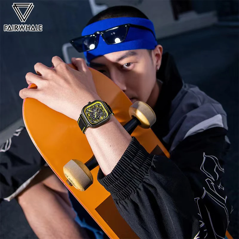 マークフェアホエールメンズスポーツ自動腕時計ファッションスクエアデザインシリコンストラップ高級スケルトン機械式腕時計