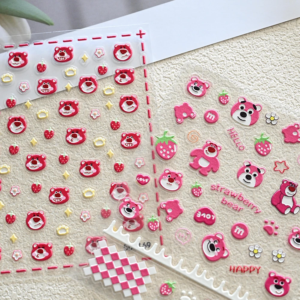 Autocollant pour Nail Art Lotso Bear en relief 5D, décalcomanies adhésives ours fraise doux, curseur Y2K, dessin animé mignon, fournitures de manucure