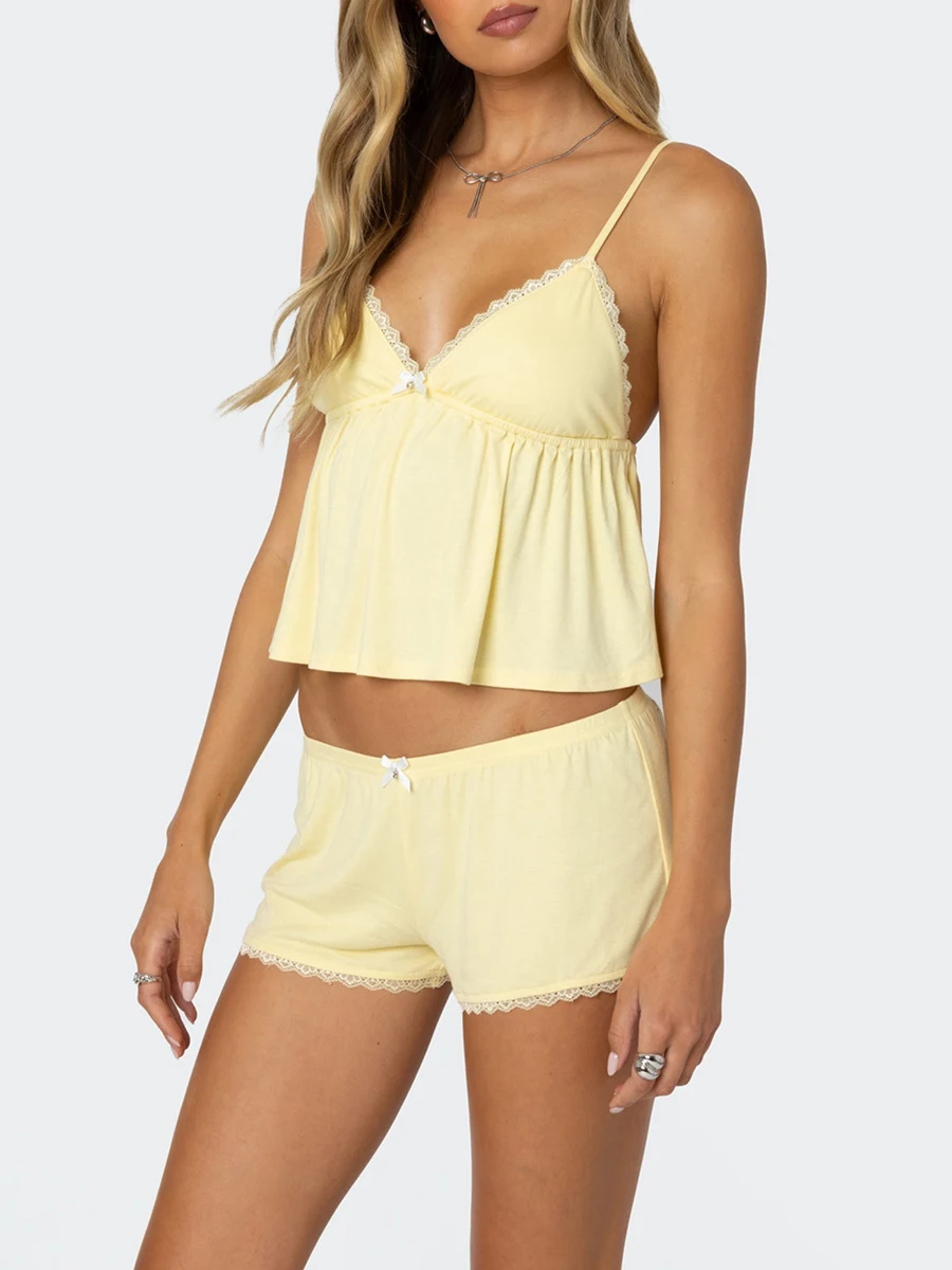 Zomerloungeset voor dames, mouwloze cami-tops met V-hals en kanten rand, shorts, nachtkleding