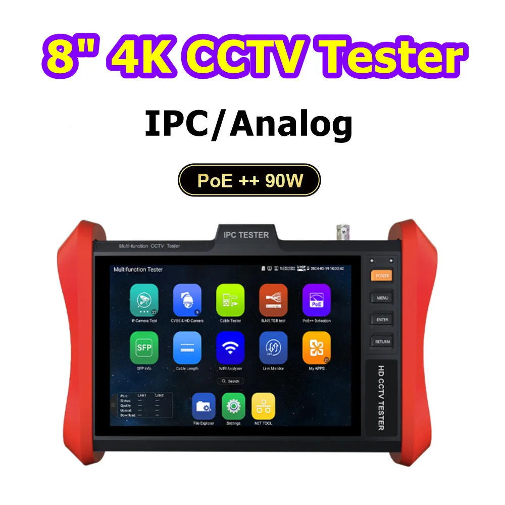 

Newest 8" CCTV IPC Tester POE++ 90W SFP 4K IP Camera Test 8MP AHD/TVI/CVI CCTV Camera Tester HDMI & VGA input camera monitor