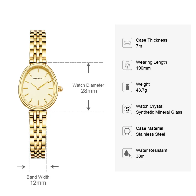 TIAN WANG Women\'s Watches Vintage Quartz Watch For Women Wristwatch Gold Retro Lady Wrist Oval Dial Stainless Steel Ladies Clock