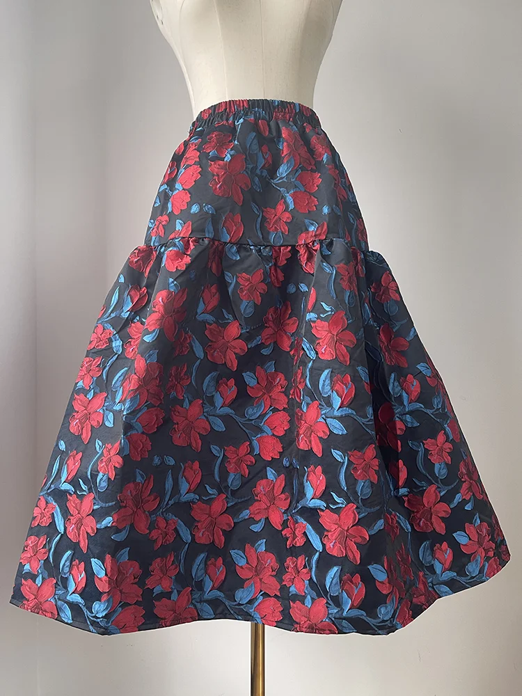 Jiami Blumen Vintage Midi Rock Jacquard Stickerei Ballkleid Rock elastische Taille A-Linie 2024 Frühling/Herbst Frauen kleider