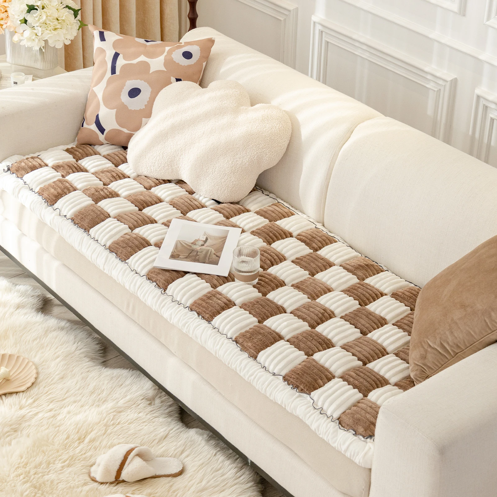 Funny Couch Cover Magic Sofa Cover Garden Cotton Protective Couch Cover Plaid Cream-Coloured Large Plaid Square Pet Mat Bed
