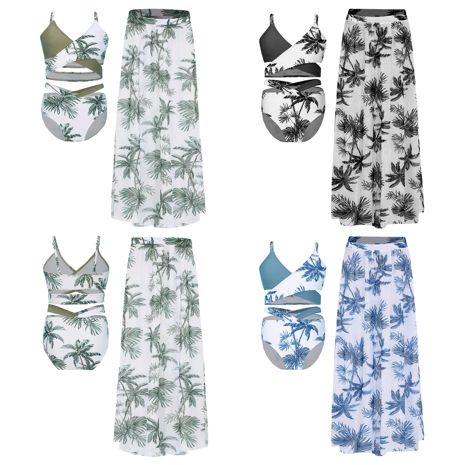 Kids Girls 3 Pieces Swimsuits Tropical Leaves Prints Bikini Set and Mesh Cover Up Skirt for Summer Beach Bathing Suit Swimwear