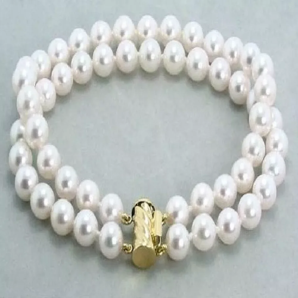 

2 Rows of Natural AAA 7-8mm White Akoya Pearl Bracelet with 7.5-8-inch 14k Gold Buckle