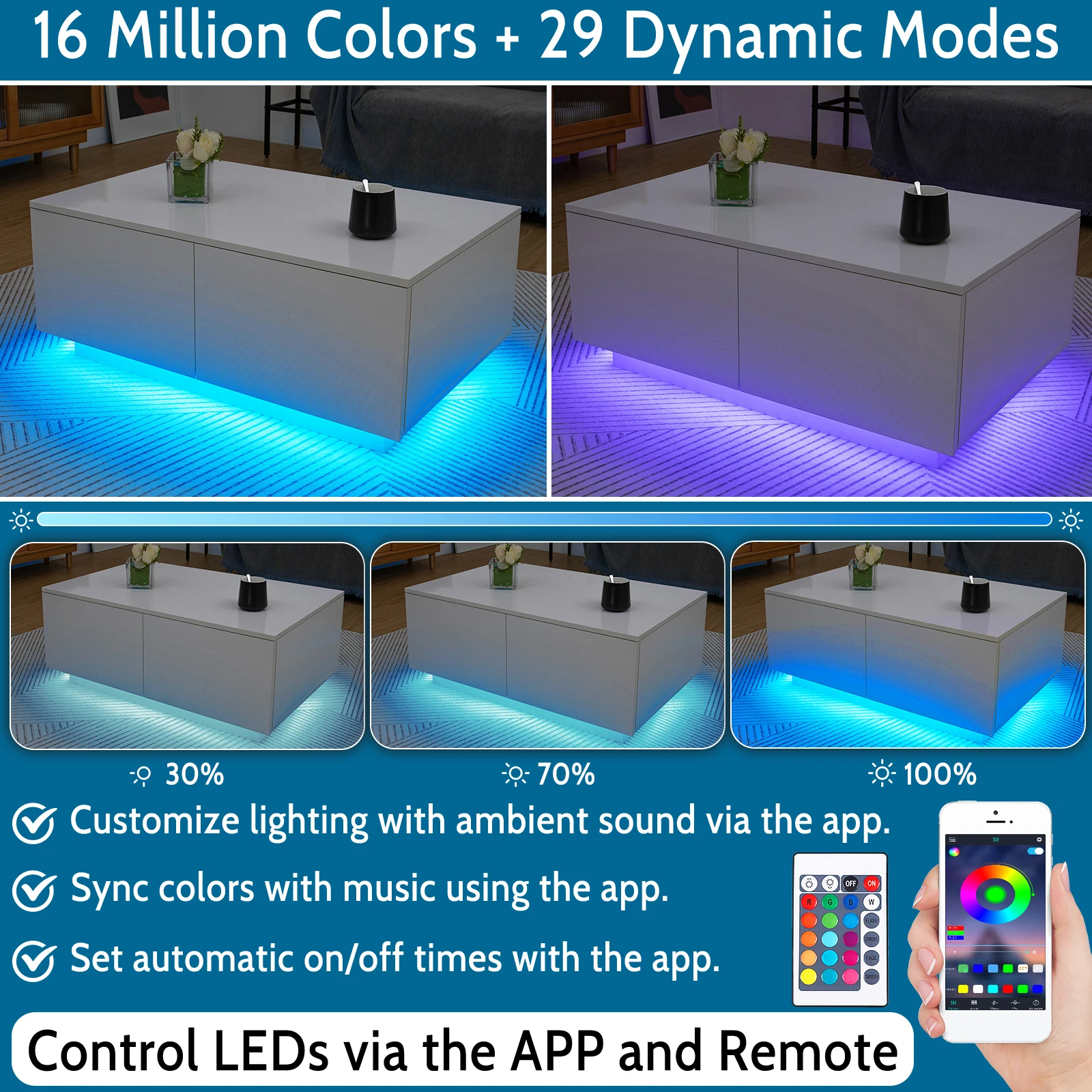 Coffee Table with Remote or App Control Built-in Power 16 Color RGB LED Light 4 Drawers 2 Storage Compartment Cocktail Tea Table