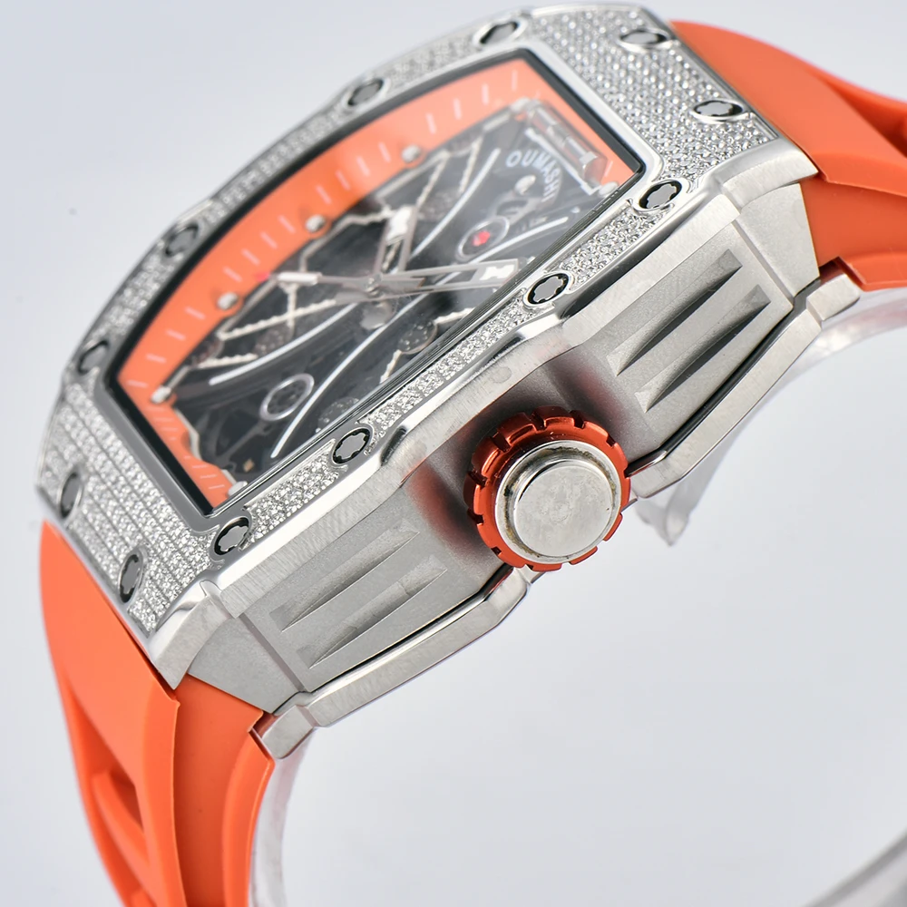 OUMASHI حركة أوتوماتيكية ميكانيكية متعددة الوظائف على شكل برميل الهاتفي الجوف توربيون الياقوت كريستال ساعات للرجال