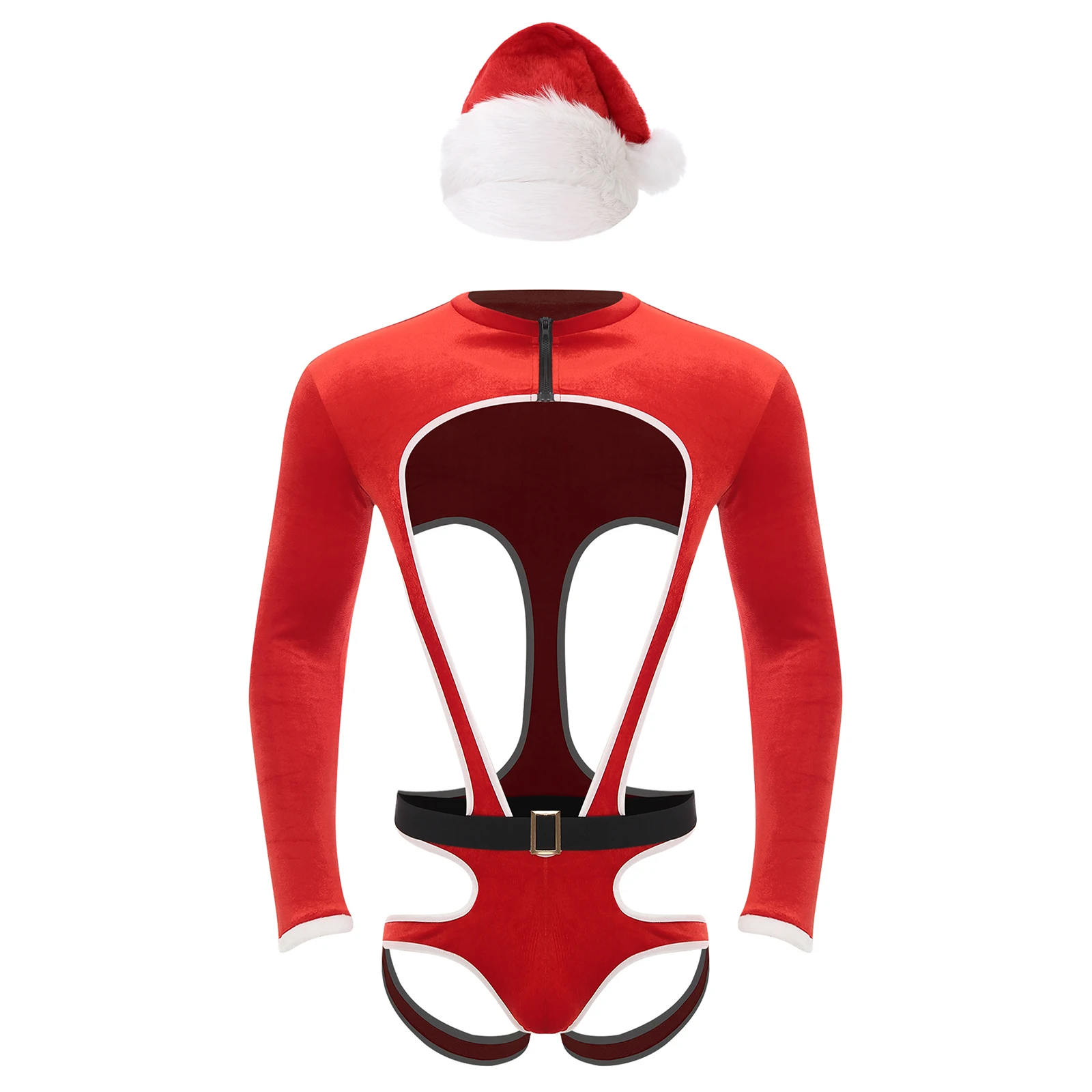 Costume da Babbo Natale sexy da uomo con cappello da Babbo Natale a maniche lunghe con stringhe Set da uomo Mankini Christmas Outfit