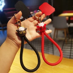 Woven Thick Mobile Phone Lanyard Red Rope Lucky Cat Wrist Rope Portable Clip Type Metal Circle Mobile Phone Case Universal Sling