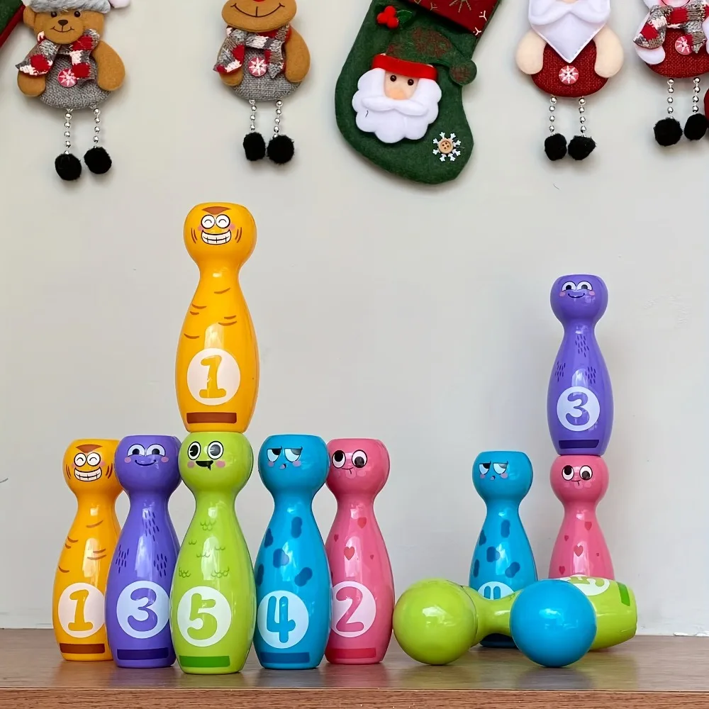 Set di giocattoli da bowling per bambini con espressioni divertenti dei cartoni animati e squisita tecnologia di stampa del tampone, include 10 bottiglie e 2 palline
