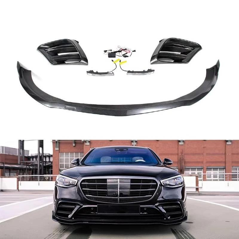 2021 2022 2023 Year S Class W223 KO Style Carbon Fiber Car Front Lip Bumper Diffuser Fog Light Cover Auto Parts System