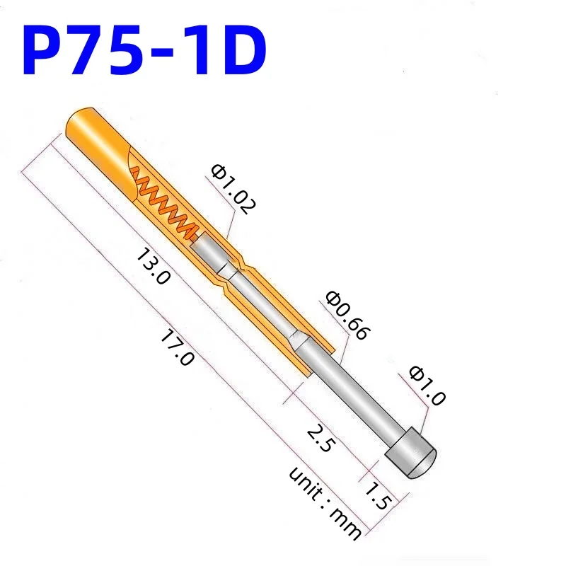 

20/100PCS Spring Test Probe P75-1D Test Pin P75-1D P75-D Nickel-Plated Round Head 1.0mm Pogo Pin PCB Test Tool 1.02mm 17mm