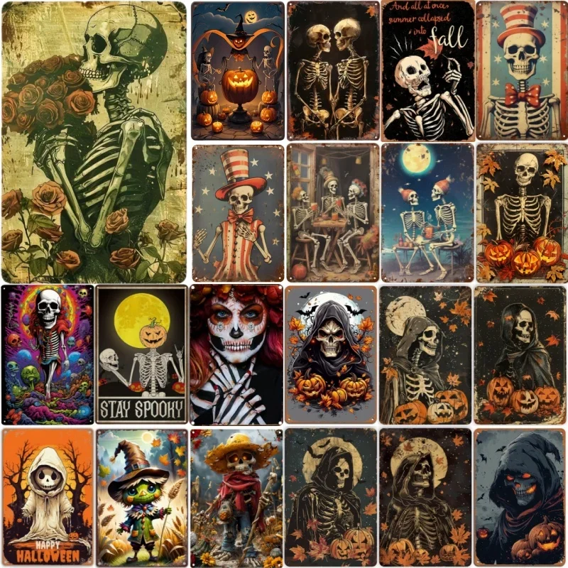 

Funny Skeletons Metal Tin Sign Vintage Halloween Wall Decor Metal Signs Halloween Skeleton for Garage Bar Man Cave & Bathroom