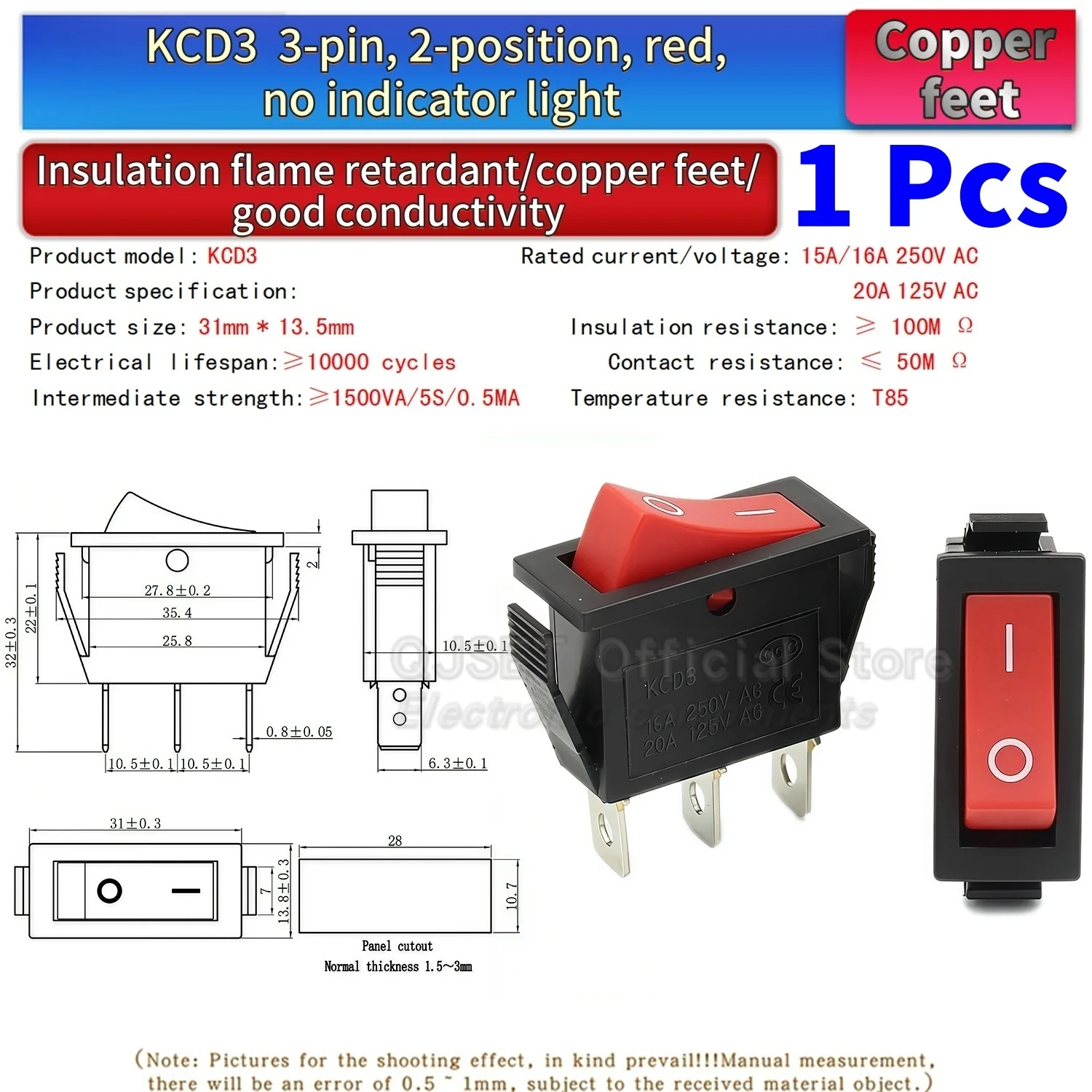 1 Stück KCD3 Wippschalter EIN-AUS-EIN 2 3 Positionen 2 3 Pins Elektrische Ausrüstung Mit Lichtschalter 15A16A 250V/220V 20A 125V AC – Detail 14