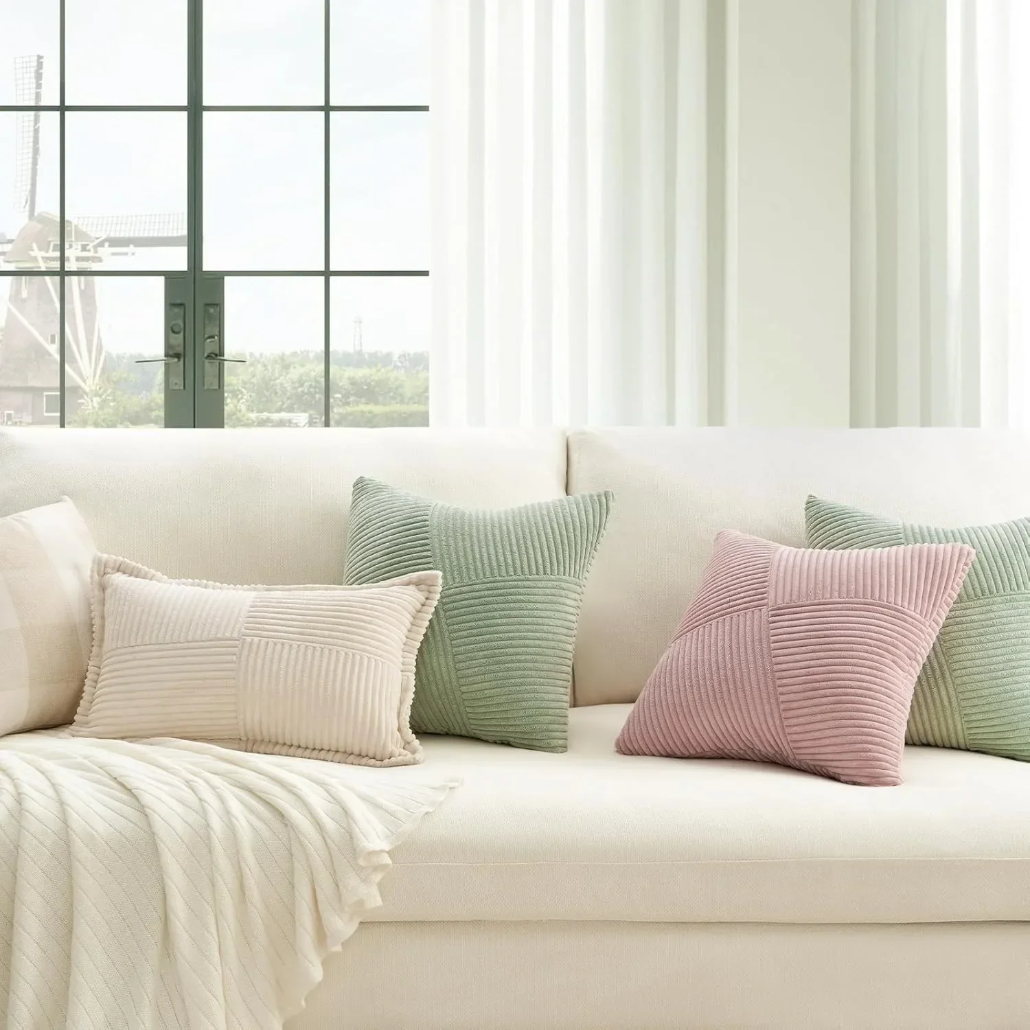 Green Spring Windmill Patchwork Pillow Case 40x40cm Nordic Corduroy Cushion Covers Farmhouse Throw Pillow Covers Home Decor