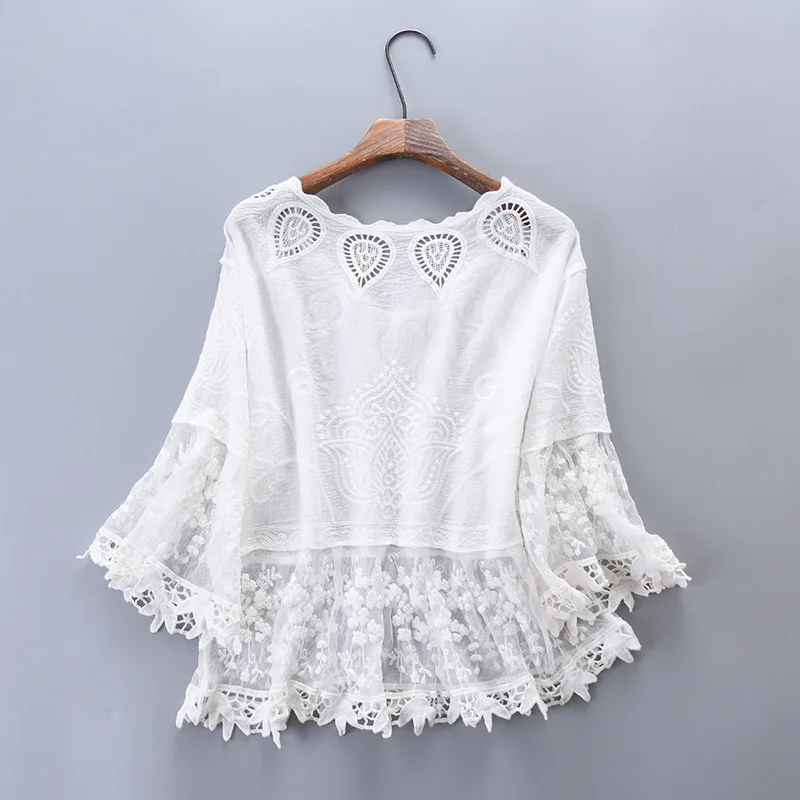 Loose Tops Ladies Spring Summer Sexy Transparent Beach Cover Up Hollow Out Crochet Lace Women Long Sleeve White Lace Blouses