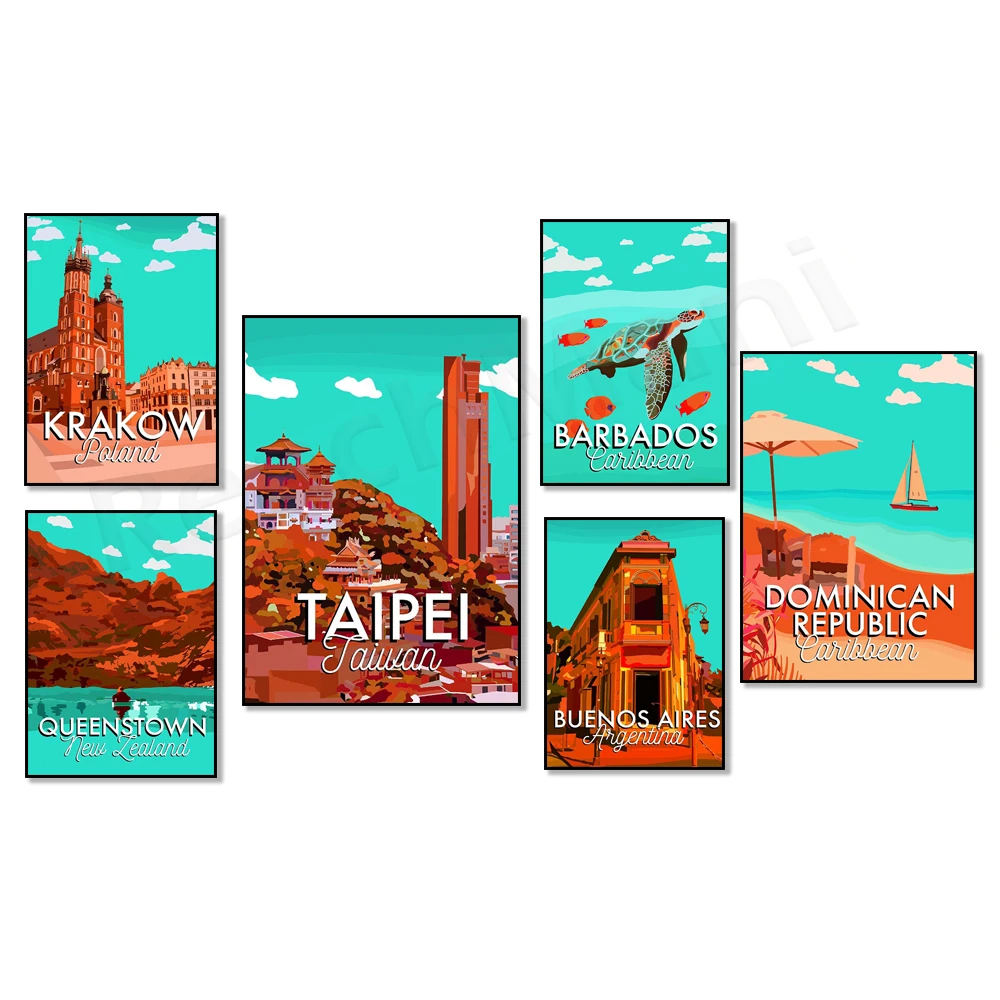 تايوان، الكاريبي، اينوس آيرس، كراكوف بولندا، أيرلندا، كوينستاون نيوزيلندا، بربادوس الكاريبي، دبي، ملصق السفر جزر المالديف #2