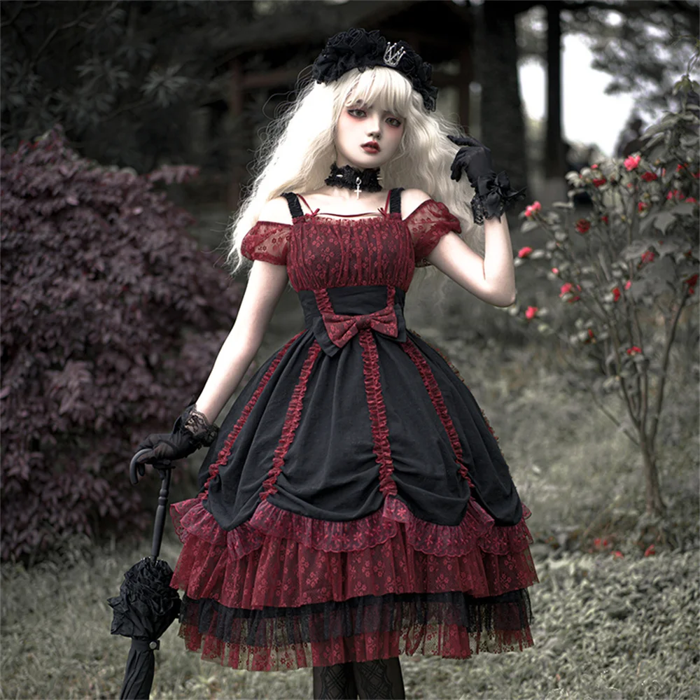 

Black Red Gothic Girls Bowknot Drawstring Big Hem Lolita Dress Summer Lace Square Collar Puff Sleeve Cosplay Lolita Dress Op