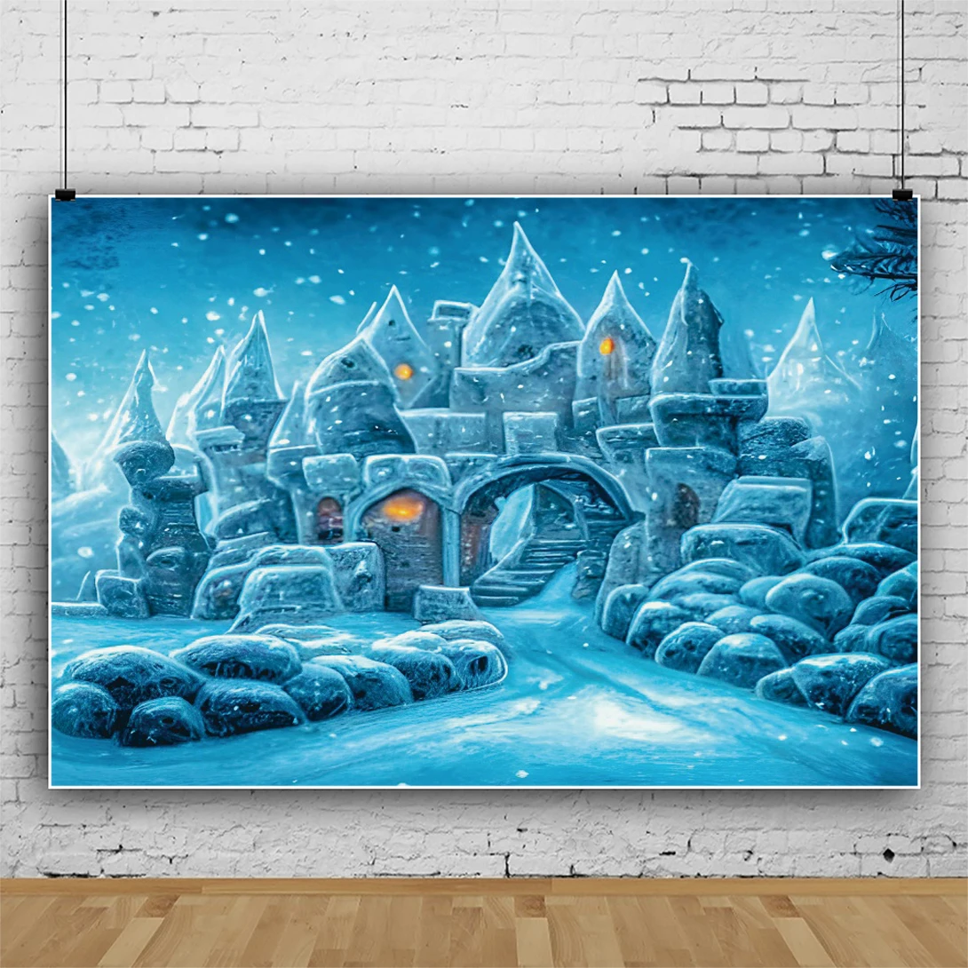 Laeacco Winter Cartoon Castle Photography Backdrop Blue Ice Snow Forest Mountian Baby Shower Kids Birthday Portrait Background