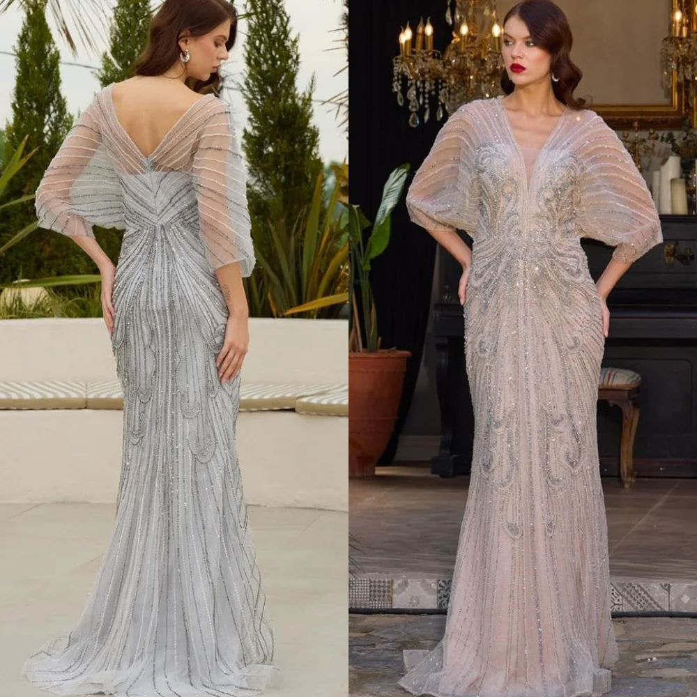 

Customized Temperament Chiffon Evening Dress Exquisite V-Neck 3/4 Sleeves Prom Dresses Luxury Court Train Vestido De Festa