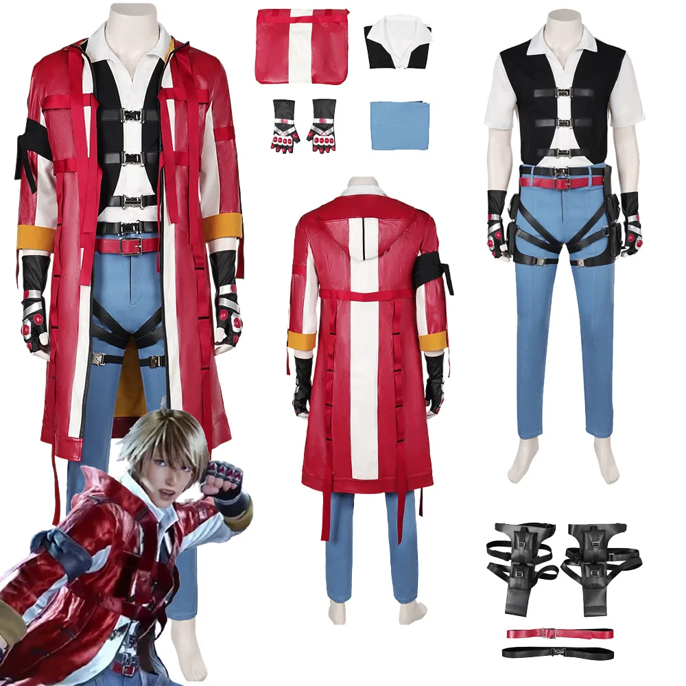 

Game Tekken8 LEO Cosplay Male Costume Red Coat Blue Pants Belt Gloves Fantasy Disguise Men Outfit Halloween Carnival Party Suit