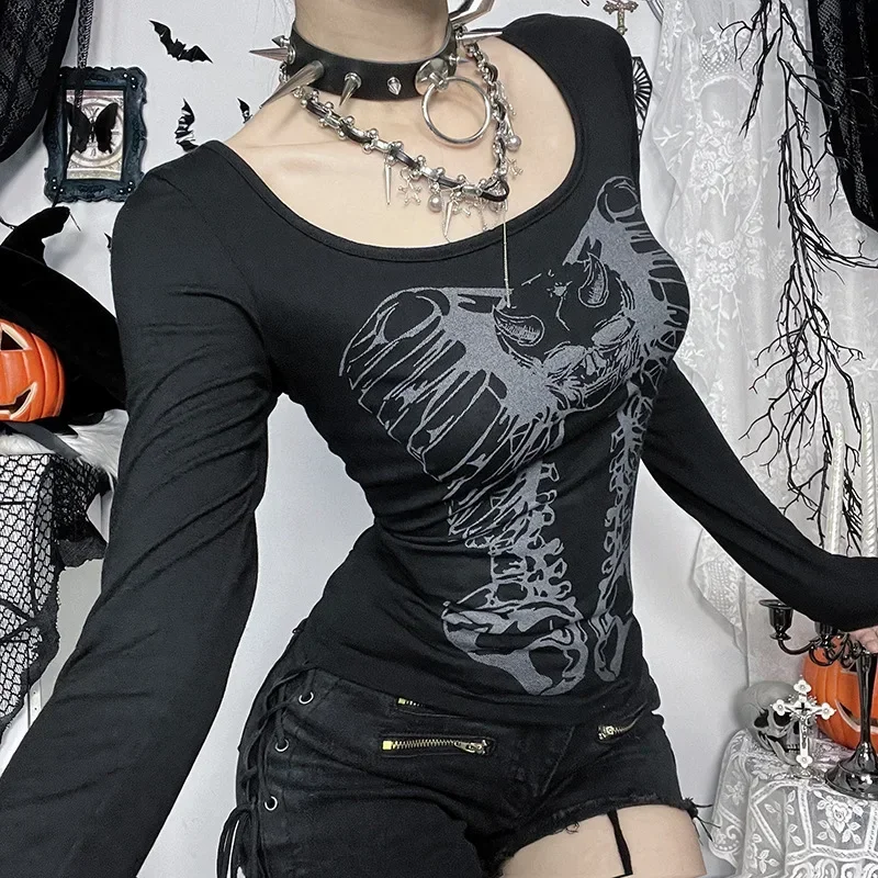 New Dark Metal Chain Hollow Out Back Long Sleeve T-shirts Gothic Punk Streetwear Women Punk Print Slim Pullover Tops Y2K T-shirt