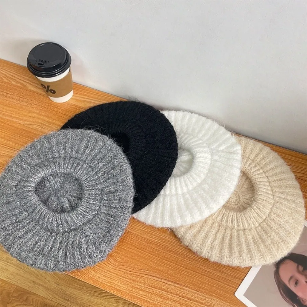 

Fashion Winter Warm Pullover Cap Cold-proof Solid Color Crochet Bonnet Flat Women Knitted Beret