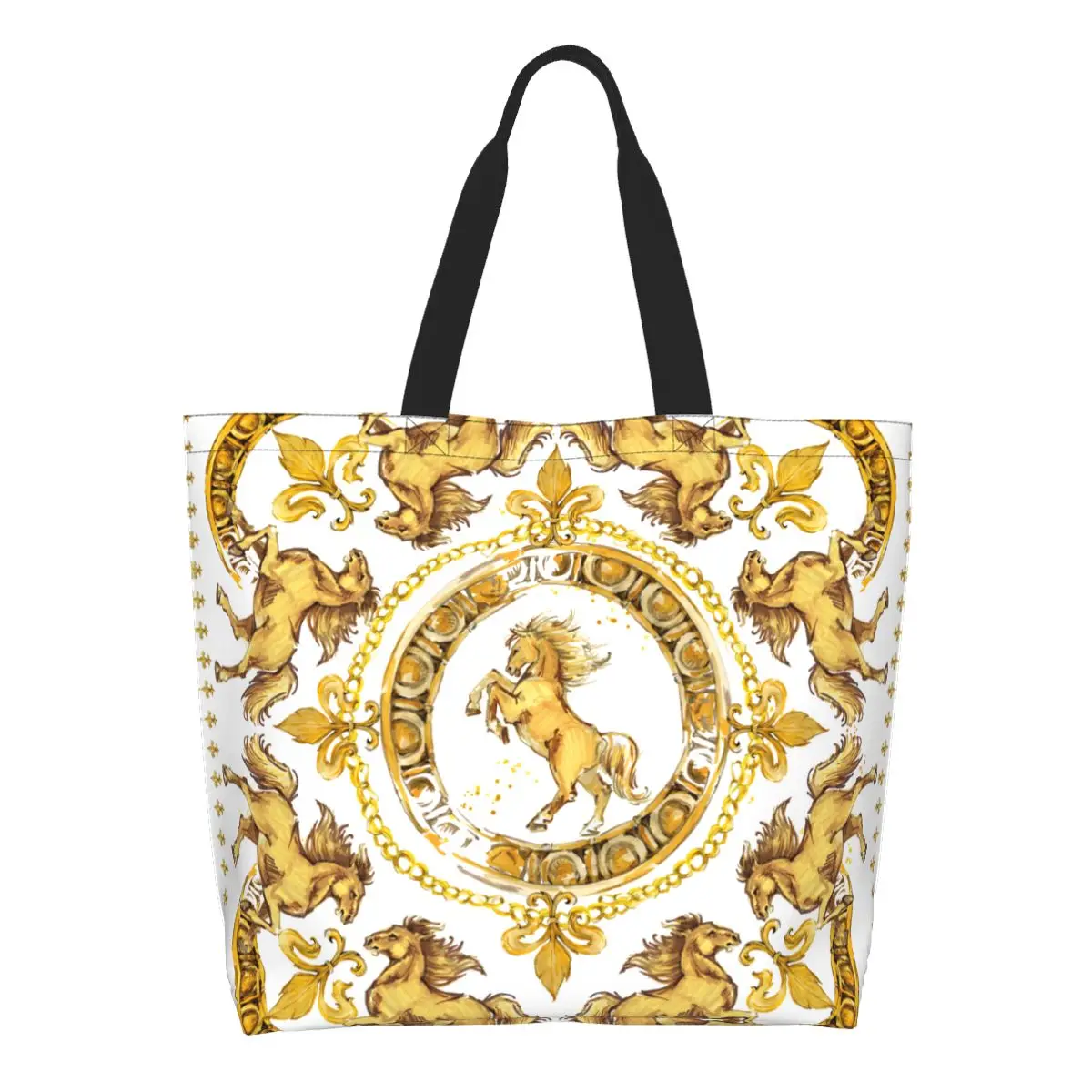

Custom Luxury Golden Horses European Floral Shopping Canvas Bags Women Durable Large Capacity Groceries Shopper Tote Bags