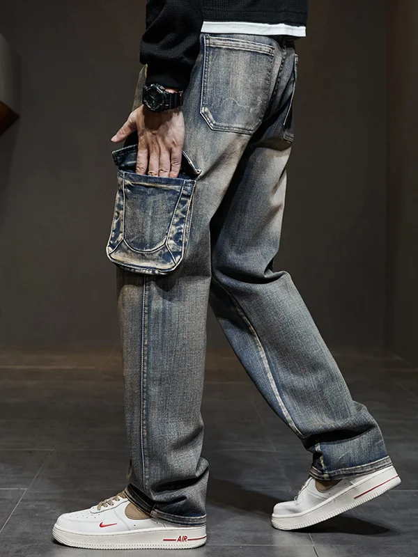 

Мужские джинсы в стиле ретро с эффектом потертости, свободного прямого кроя, с множеством карманов, в американском рабочем стиле, со средней посадкой, на молнии, молодежная мода