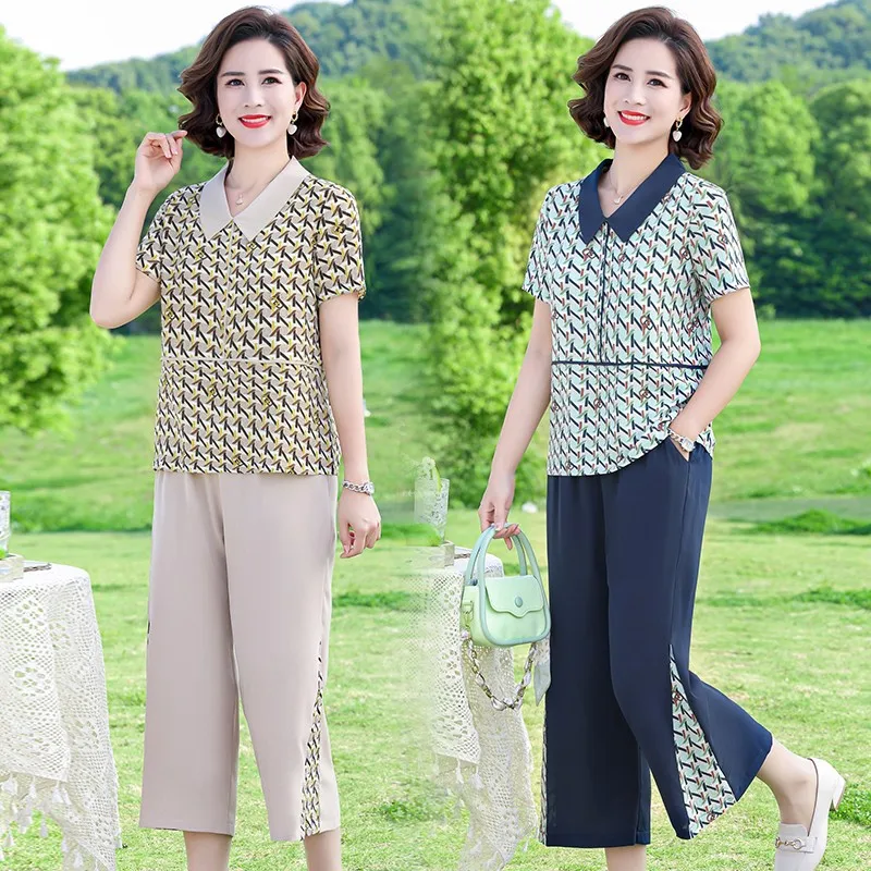 

Mother Summer Short Sleeve T-shirt ops + Pants Middle-aged Temperament Two Pieces of Suits Female Age 2 Pieces Set Women Clothes
