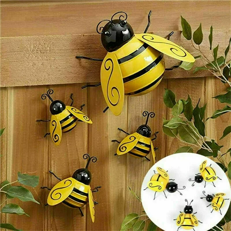 4PCS Decorative Metal Art Bumble Bee Backyard Garden Accents Wall Ornament