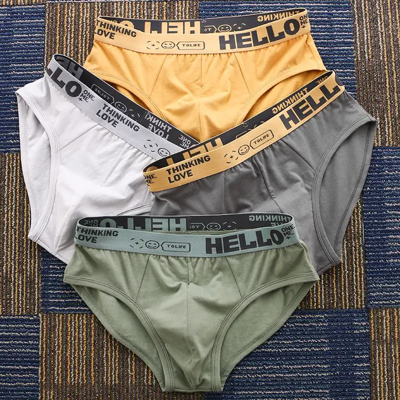 Men\'s Underpants Cotton Mid Waist Boxers Shorts Pants Student Solid Color Splicing Splicing Simple Versatile Panties