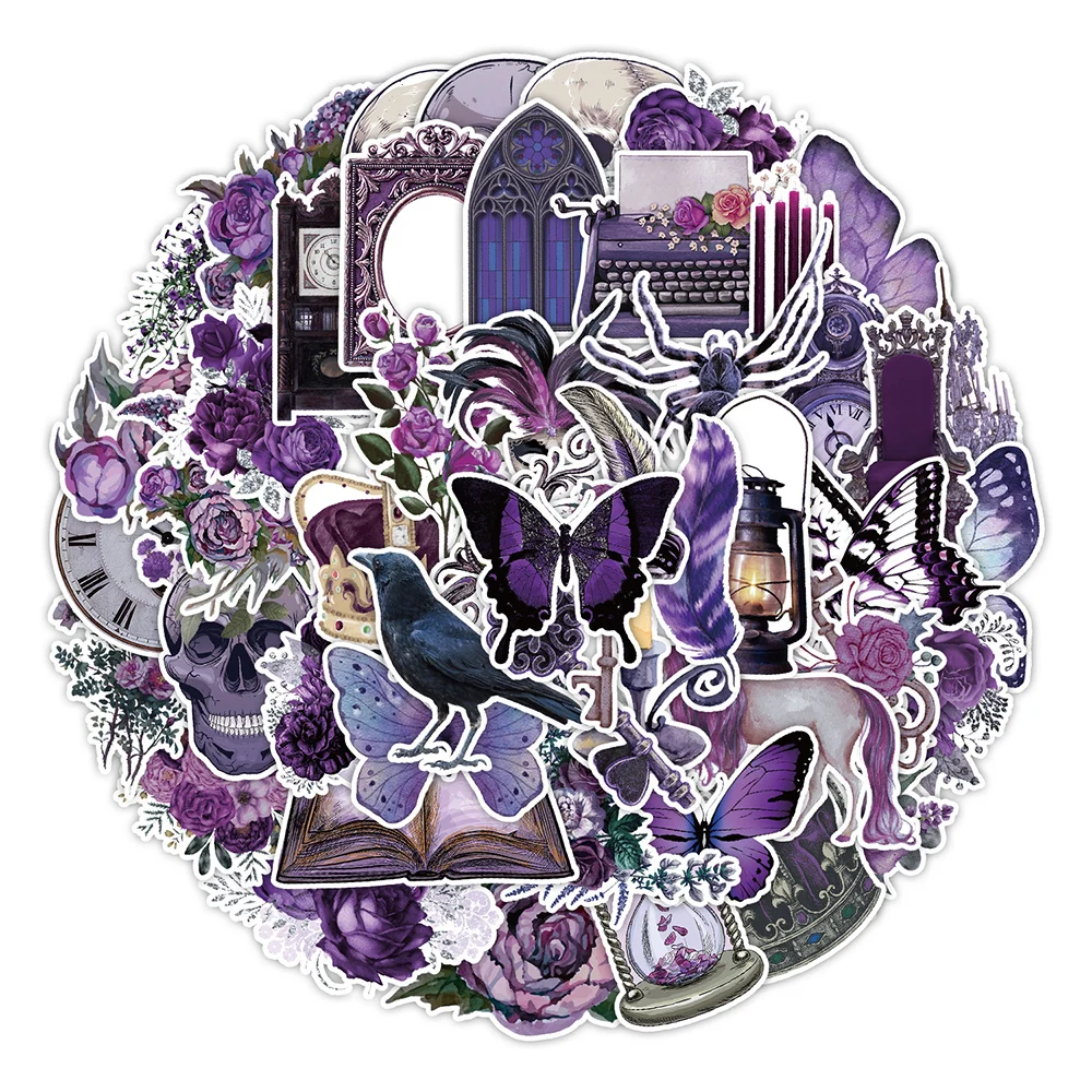 

10/30/50pcs Vintage Purple Gothic Aesthetic Stickers Skull Flower Cartoon Decals DIY Water Bottle Notebook Phone Sticker Packing
