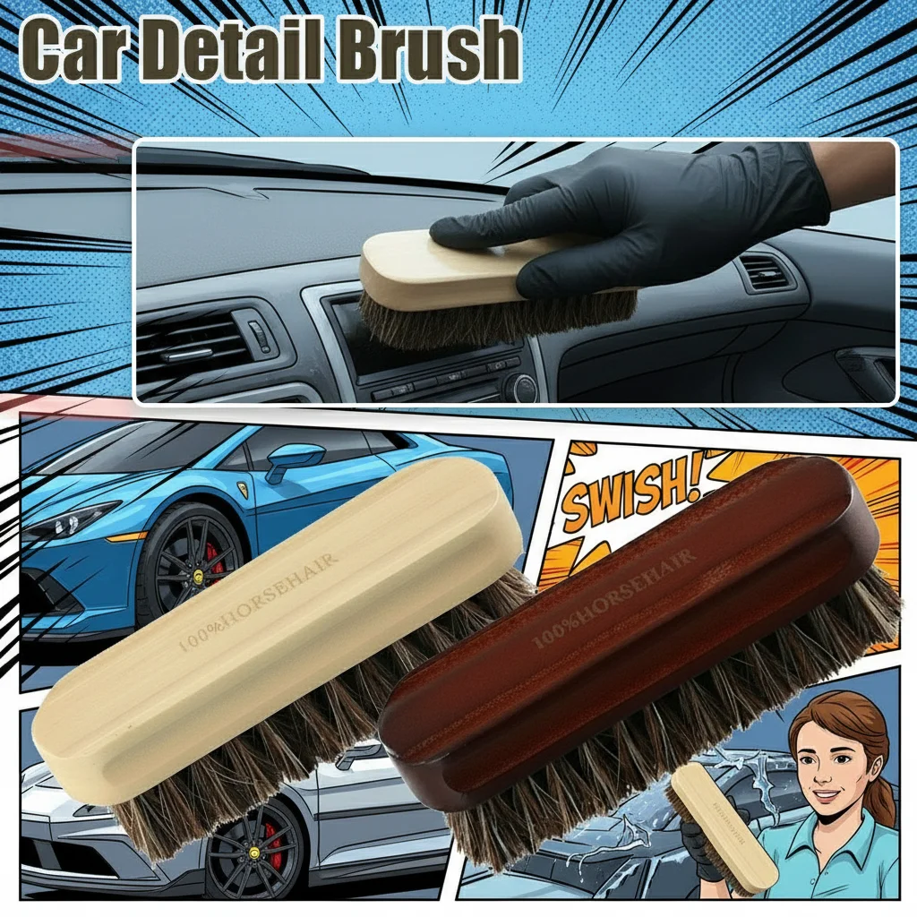 Premium Genuine Horsehair Wooden Brush for Car Detailing Polishing And Buffing - Seat Handle Dashboard Roof Cleaning Tool