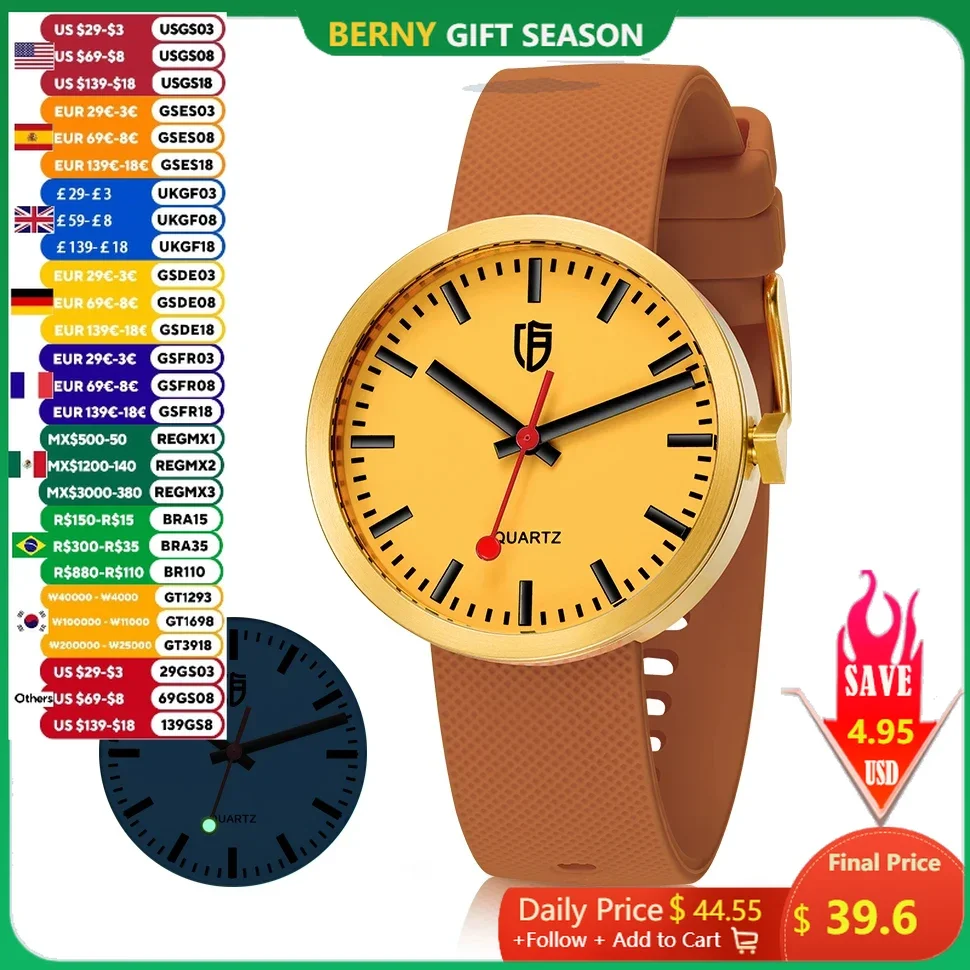 BERNY-Relógios Quartz Silicone para Mulheres, Luminous Sapphire Wristwatch, Resistência à Água, Aço Inoxidável, Miyota 5ATM, 2034