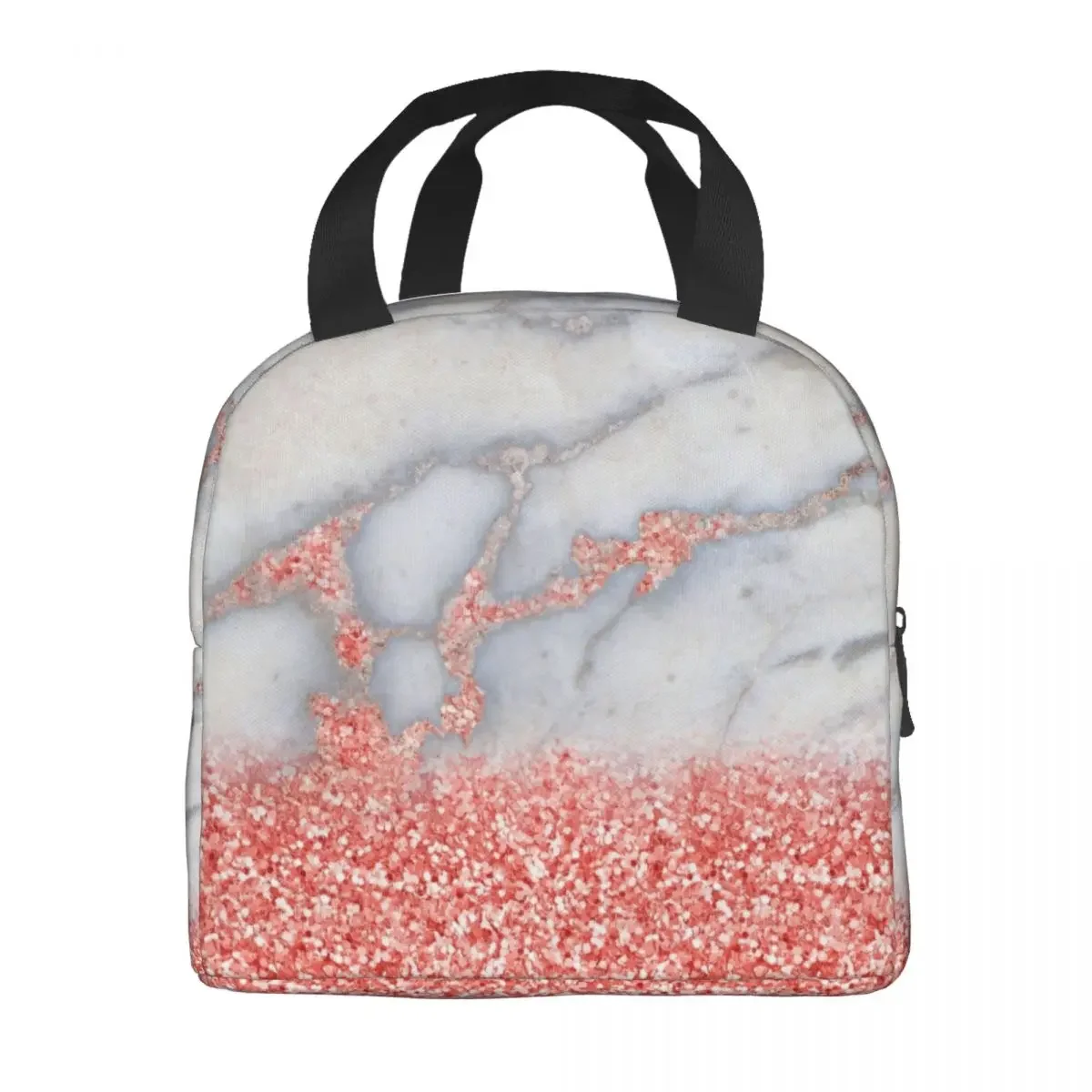 Custom Rosegold Glitter Pink Sparkle Faux Marble Lunch Bag Women Thermal Cooler Insulated Lunch Box for Student School