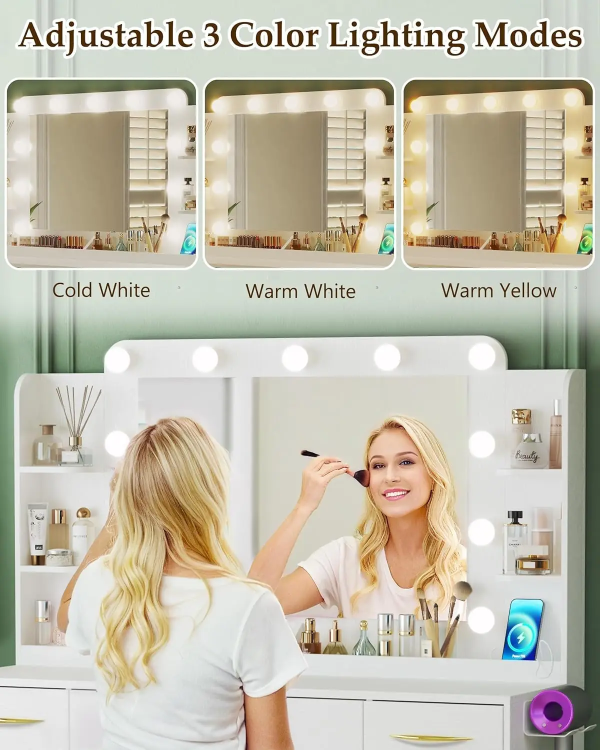 Make up Vanity Desk com espelho e luzes, 3 modelos Configurações, Power Outlet