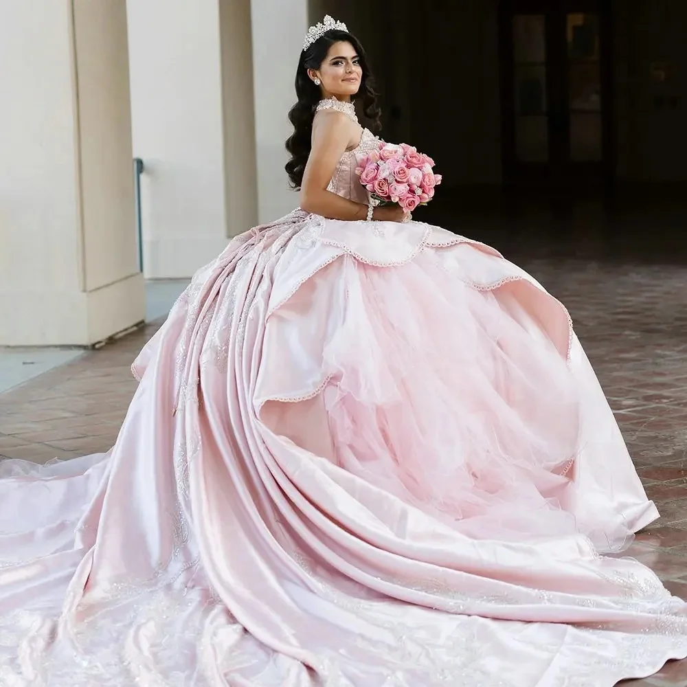 فساتين Charro Quinceanera الوردية ثوب حفلة على شكل قلب مزين بالخرز المكسيكي الحلو 16 فساتين 15 Anos مخصصة #1