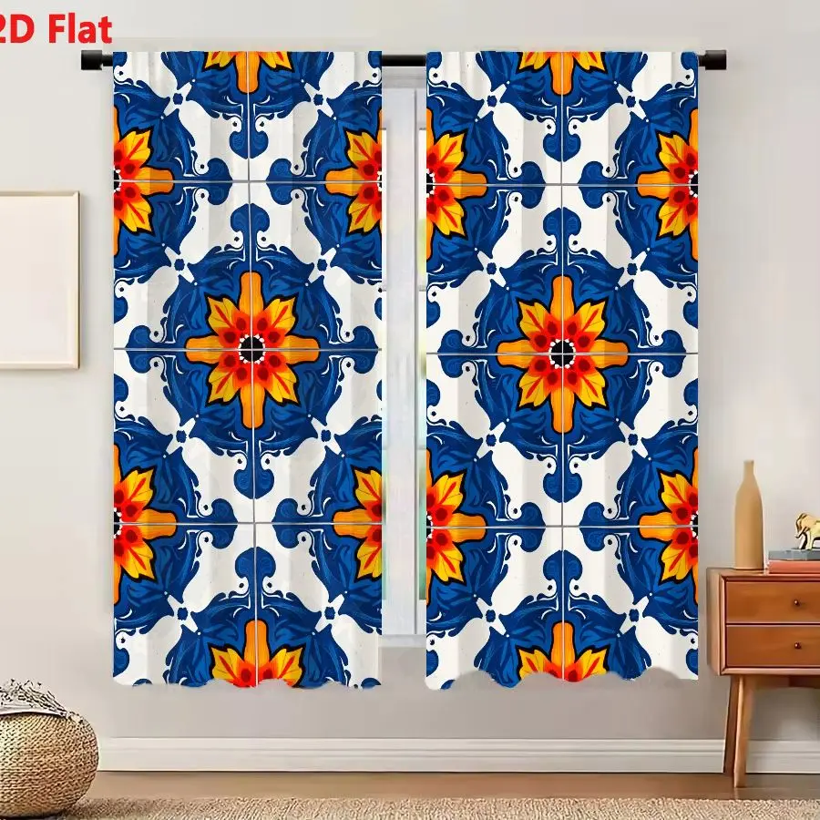 2Pcs Curtains 2D Flat Traditional Portuguese Spanish Azulejos Tile Pattern White Background With Blue Orange Floral Motifs Intri