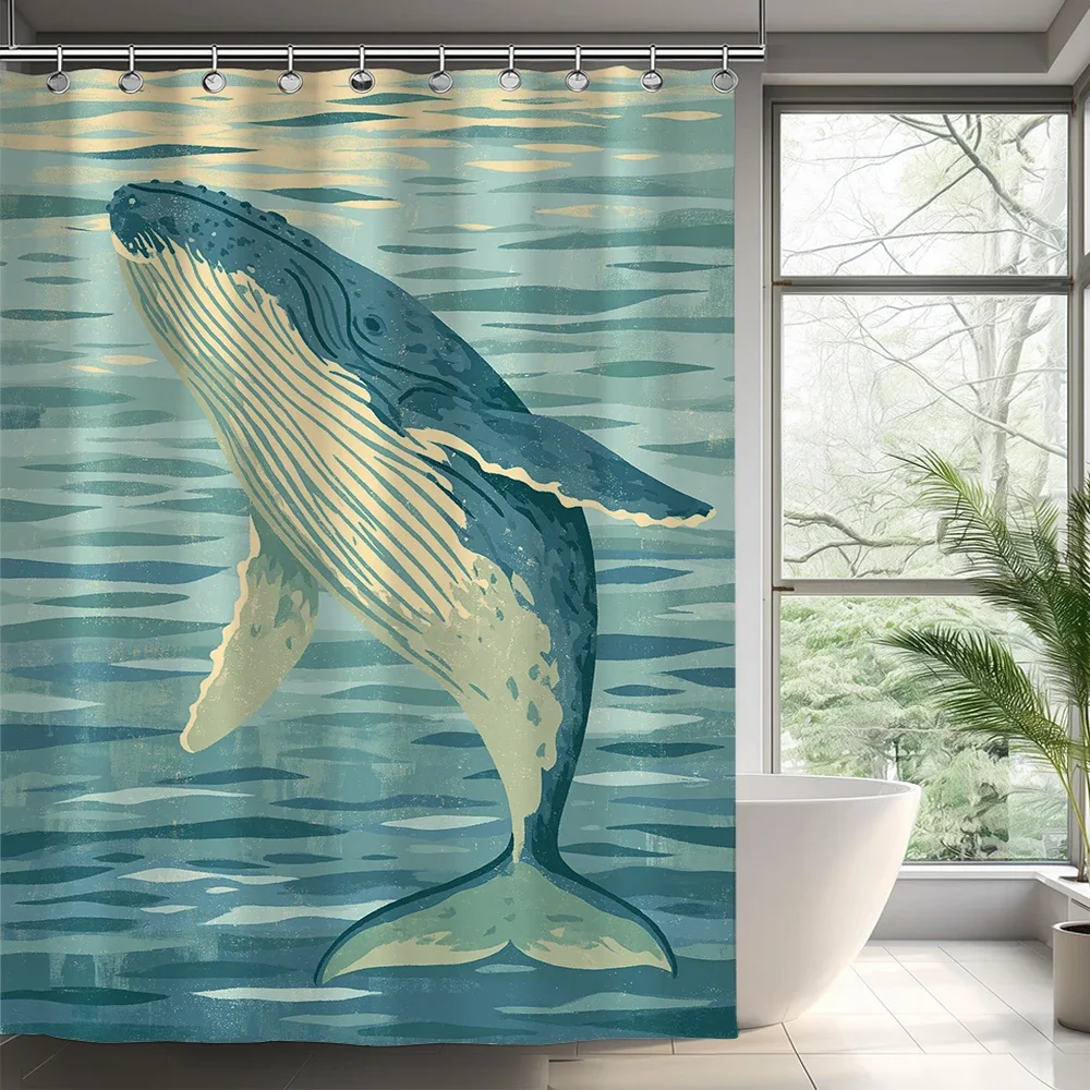 Blue Sea Ocean , Dolphin, Turtle, Fish Shower Curtains With Hooks,Underwater World Printed Bathroom Curtain, Home Decor Curtain